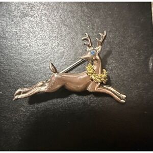 Vintage Enamel Reindeer Brooch Blue Eye Gold Wreath Christmas Pin